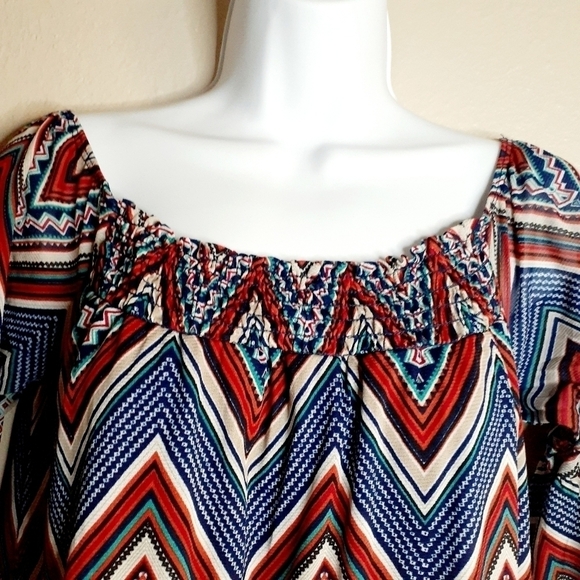 Naif Woman's Chevron Print Flounce Sleeves Smocked Neck Shift Tunic Dress Size S - Picture 5 of 16